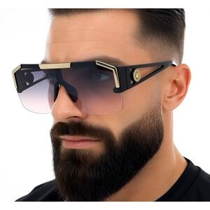 Shield Sunglasses Gold Accent Fashion Visor Sun Glasses Men Pink Blue Lens UV400